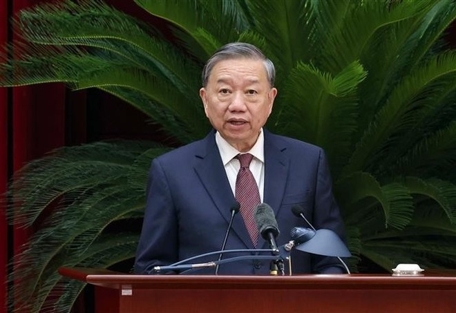 El secretario general del Partido Comunista de Vietnam, To Lam, habla en el evento. (Foto: VNA)